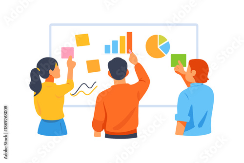 Diverse team collaborating on a glowing digital whiteboard with charts and sticky notes