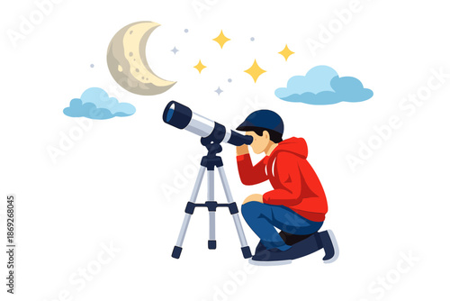 Boy looking through telescope at moon and stars