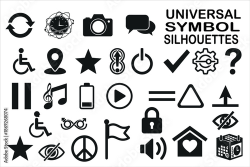 Collection universal symbol silhouettes featuring commonly recognized icons and abstract signs used across cultures.