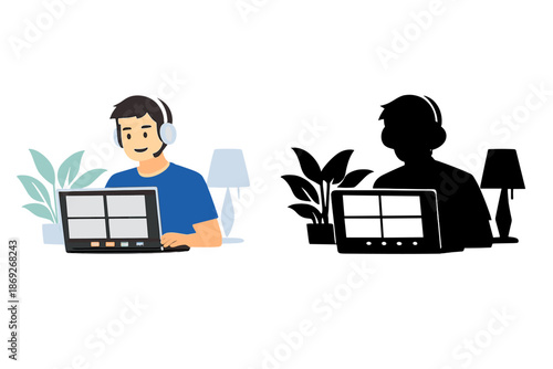Man in headphones on a video call with laptop