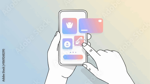 Hand holding smartphone with colorful app icons and credit card.