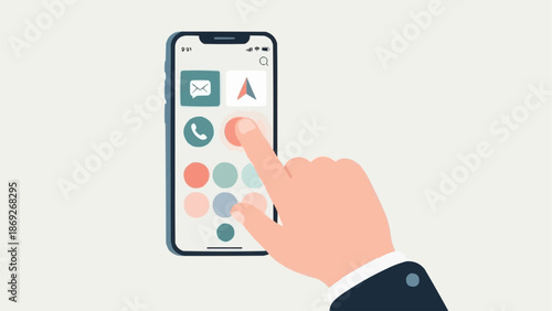Hand touching smartphone screen with app icons.