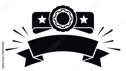 A black and white illustration of a ribbon banner with stars and a gear