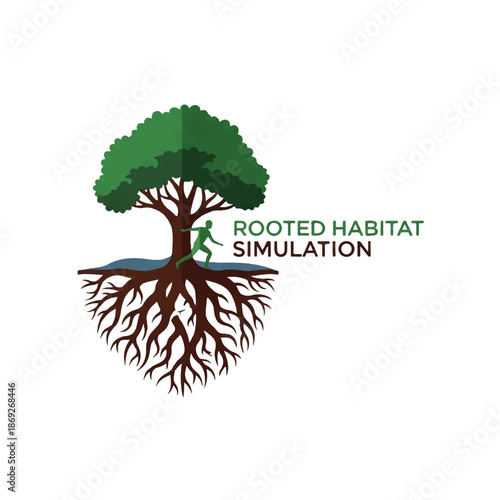 Tree with Roots and Green Canopy Illustration.