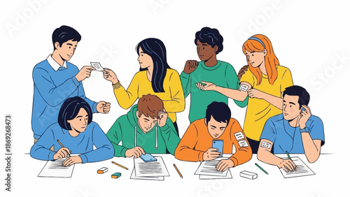 Diverse group of students collaborating on a school project together.