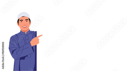Flat vector illustration of smiling Muslim young man pointing on blank advertising banner background with space for text, suitable for Ramadan and Eid greeting cards, flyer design and Islamic content.