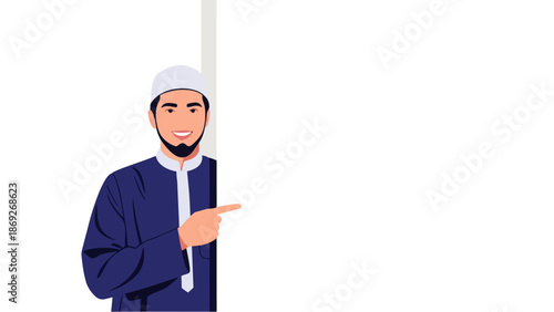 Flat vector illustration of smiling Muslim young man pointing on blank advertising banner background with space for text, suitable for Ramadan and Eid greeting cards, flyer design and Islamic content.
