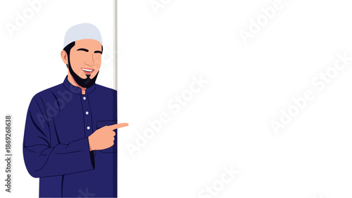 Flat vector illustration of smiling Muslim young man pointing on blank advertising banner background with space for text, suitable for Ramadan and Eid greeting cards, flyer design and Islamic content.