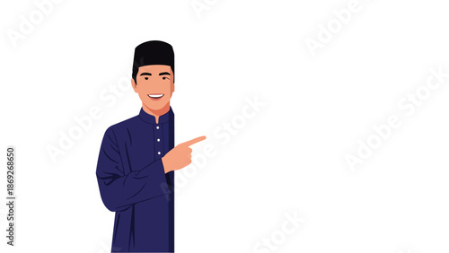 Flat vector illustration of smiling Muslim young man pointing on blank advertising banner background with space for text, suitable for Ramadan and Eid greeting cards, flyer design and Islamic content.
