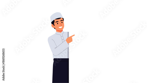 Flat vector illustration of smiling Muslim young man pointing on blank advertising banner background with space for text, suitable for Ramadan and Eid greeting cards, flyer design and Islamic content.