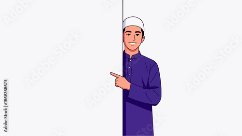 Flat vector illustration of smiling Muslim young man pointing on blank advertising banner background with space for text, suitable for Ramadan and Eid greeting cards, flyer design and Islamic content.