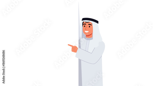 Flat vector illustration of smiling Muslim young man pointing on blank advertising banner background with space for text, suitable for Ramadan and Eid greeting cards, flyer design and Islamic content.