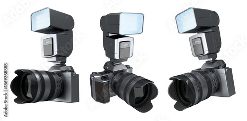 Set of DSLR cameras with large lens and flash units in black, silver, and gold isolated on white background.