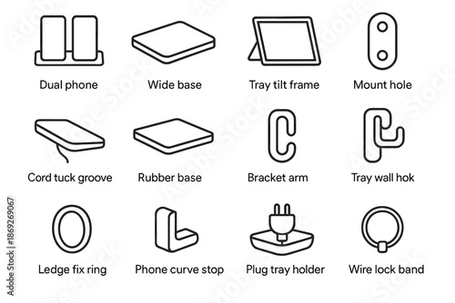 Curve detailed lock stop tilt rubber phone vector set arm icon base