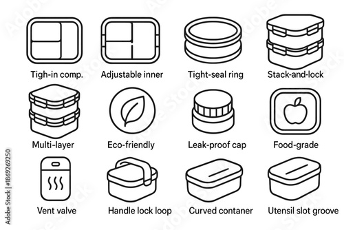 Lunch lock modular vector handle groove icon curved icons utensil compartments inner