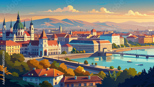 Very beautiful summer panorama of Budapest, Hungary, showcasing elegant architecture, bridges over the Danube River, and a lively European capital bathed in clear light and vibrant atmosphere.