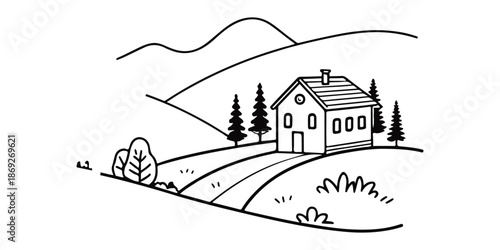 Continuous single line art drawing of a charming village skyline with houses. A charming minimalist line art illustration of a small village nestled among rolling hills.