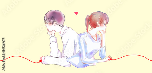 運命の赤い糸を結んだ背中合わせの男女　頬杖
