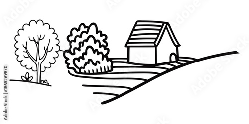 Continuous single line art drawing of a charming village skyline with houses. A charming minimalist line art illustration of a small village nestled among rolling hills.