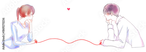 運命の赤い糸で結ばれている向かい合う男女　頬杖