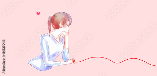 運命の赤い糸を結んだ女性　頬杖