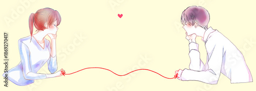 運命の赤い糸で結ばれている向かい合う男女　頬杖