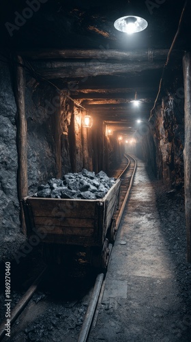An atmospheric and dramatic view inside a subterranean mining tunnel, illuminated by a series of industrial lamps casting warm light into the murky depths. A sturdy wooden cart, laden with raw coal, s