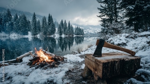 An idyllic winter scene unfolds by a serene, snow-dusted lake, its calm surface mirroring the majestic, frosted evergreen trees that line the distant shore. A crackling campfire blazes warmly on the s