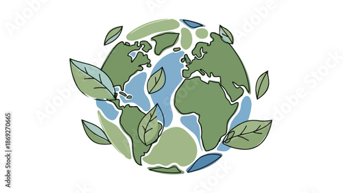 Green Earth with Leaves Hand Drawn Illustration.