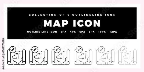 Collection of 6 Outline Map Icons with Compass
