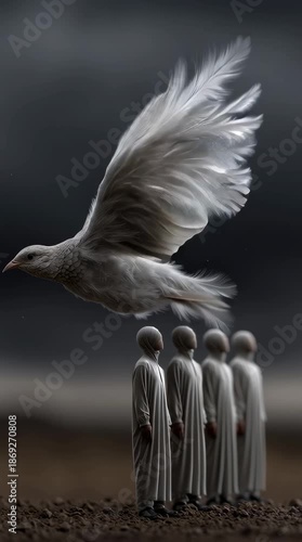 Group Raising Arms with Floating Light Feathers at Horizon