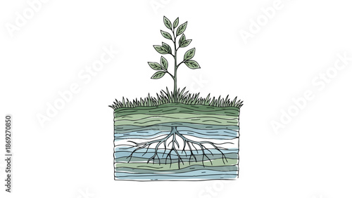 Illustration of a young plant with visible roots in a crosssection of soil.