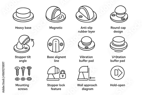 Modern stopper buffer rubber disk heavy feature magnetic diagram door vector icon