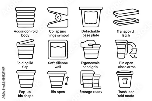 Latch bin silicone vector trash transport hinge lid foldable hand fold icon