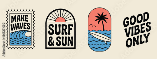 four retro surf and beach themed graphic logos with text vintage inspired, a premium ranked set showcasing old school typography, coastal lifestyle themes, surfing spirit, and nostalgic beach branding