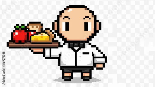 Pixelated Waiter Holding Tray with Food Items.