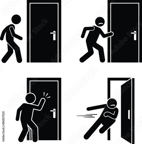 Various actions of stick figures interacting with a door: approaching, knocking, entering, and exiting