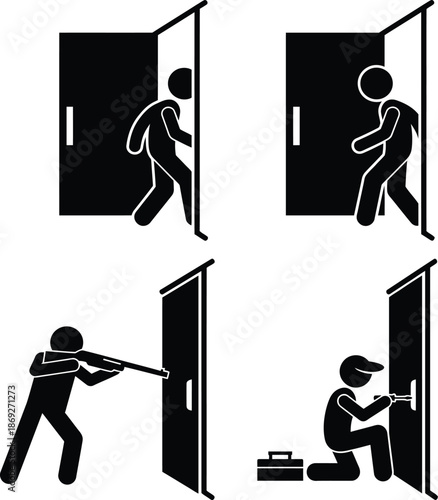 Different stick figures depicting actions related to a door like entering, exiting, security, and lock repair