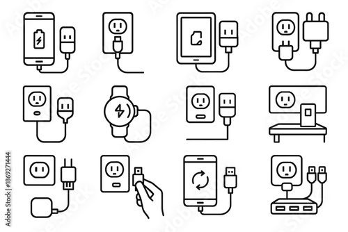 Charging outlet icon plugging vector icons near syncing usb plugged wall zone