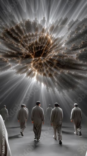 Group of Figures Connected by Threads of Light in Luminous Hall