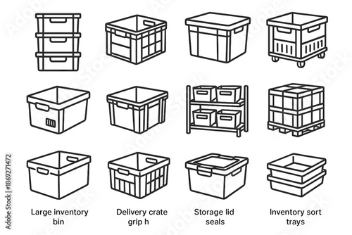 Vector basket storage large plastic bin commercial crate barcode reinforced icon industrial