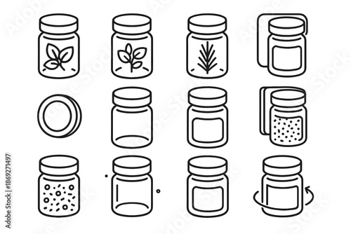 Jar herb set spice icon magnetic container basil storage vector