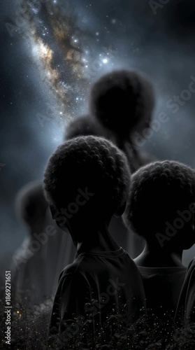 Family Silhouettes Huddled Together Under Starry Night Sky