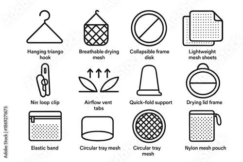 Vector vent drying foldable elastic mesh zip loop hanging net icons frame
