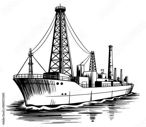 Hand-drawn offshore oil platform support vessel with industrial equipment