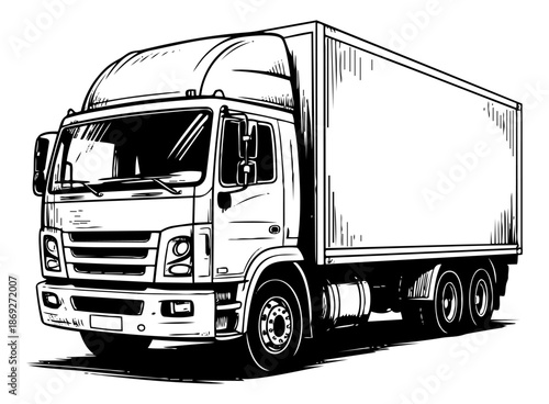 Hand-drawn commercial delivery box truck for cargo and freight transport