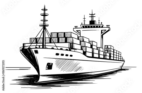 Hand-drawn industrial cargo freight ship with multiple decks vector illustration