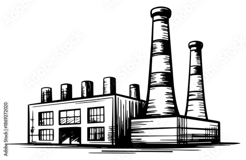 Hand-drawn industrial factory building with tall smokestacks and chimneys