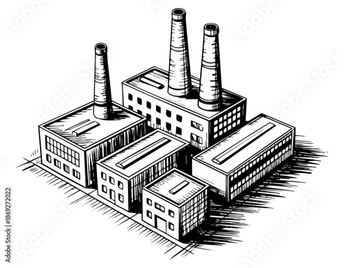 Hand-drawn industrial power plant with cooling towers and smokestacks illustration