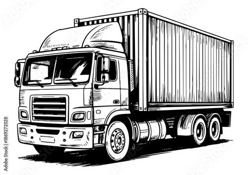 Hand-drawn semi truck with shipping container trailer for cargo transport